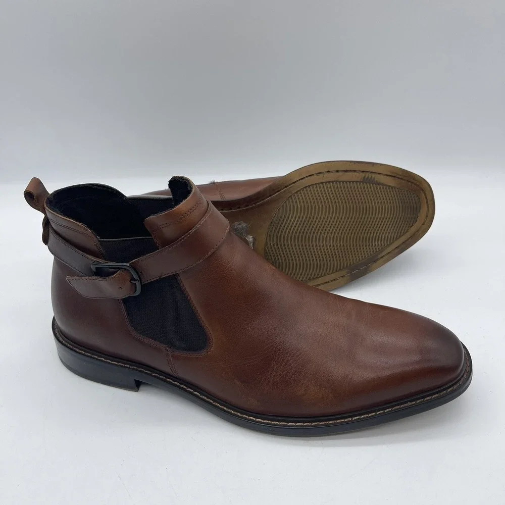 Kenneth Cole New York Sum-Times Mens Size 9.5 Chelsea Leather Boots Cognac Brown
